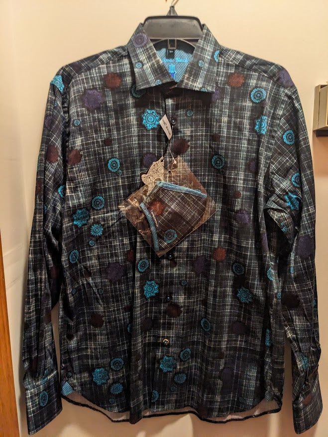 Visconti Black Men's Medium Dark Blue w/Circular pattern long sleeved button up shirt NWT